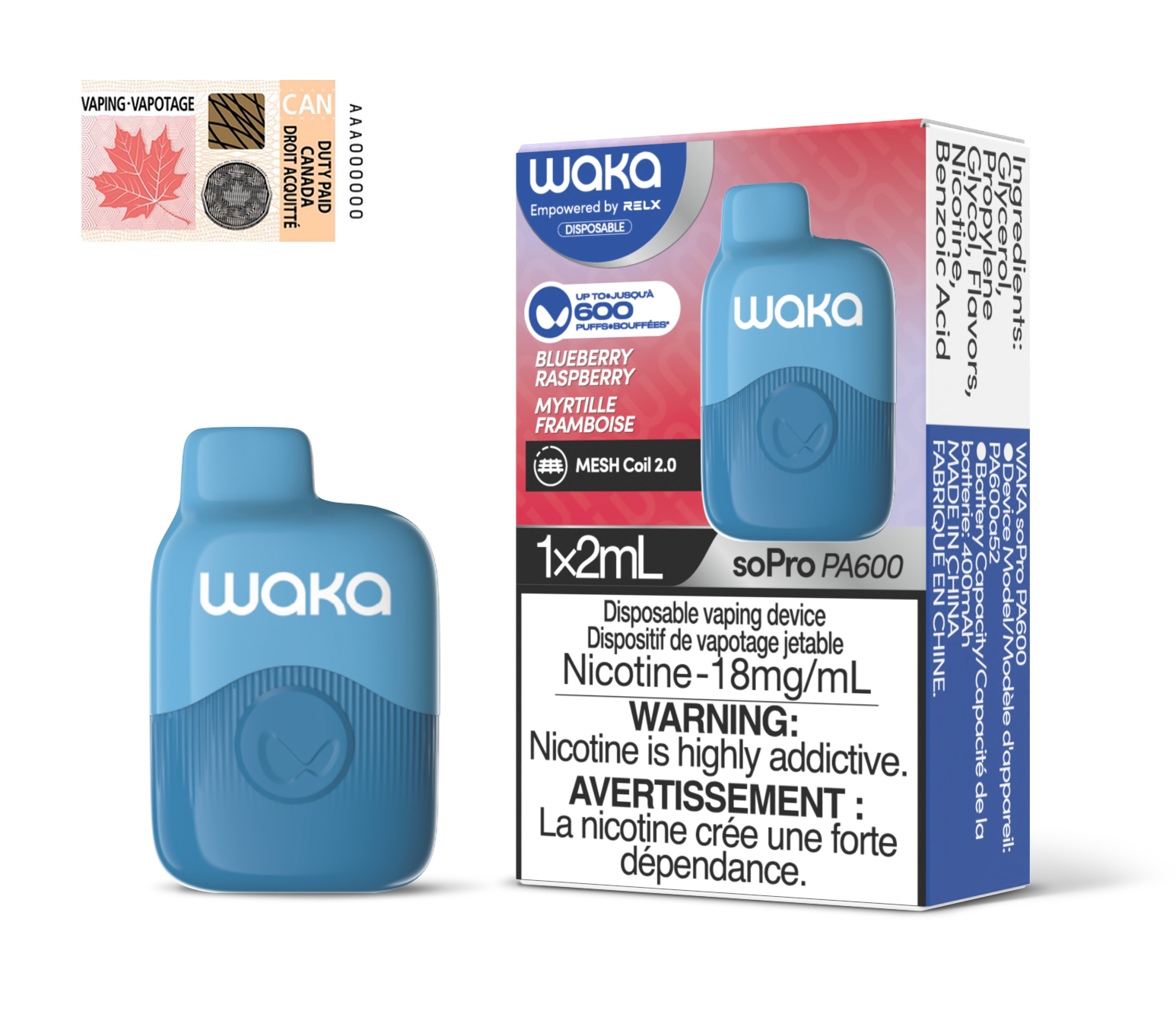 [Disposables] WAKA SoPro PA600 - Blueberry Raspberry Disposable Pod Systems Vancouver Toronto Calgary Richmond Montreal Kingsway Winnipeg Quebec Coquitlam Canada Canadian Vapes Shop Free Shipping E-Juice Mods Nic Salt